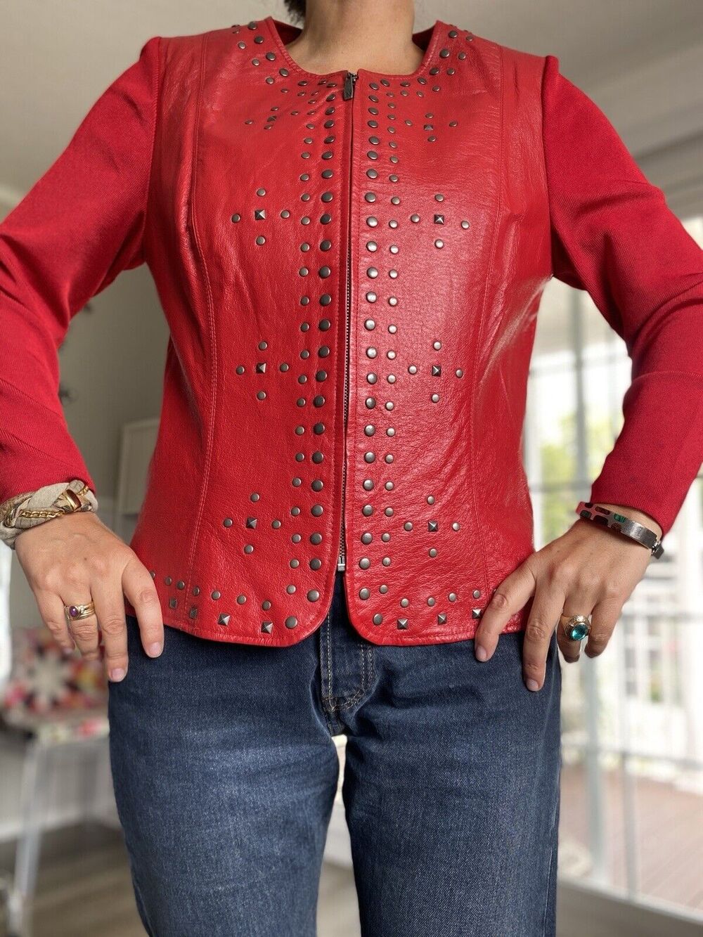 Peter Nygard Leather Studded Jacket Women's Red Knit Sleeves Zip Front S/M